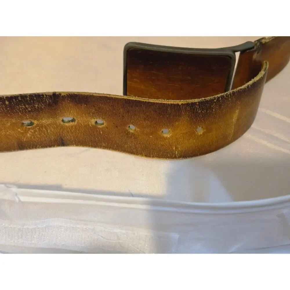 Levi Strauss & Co USA Leather Belt Brown Vintage Logo Buckle Distressed 38